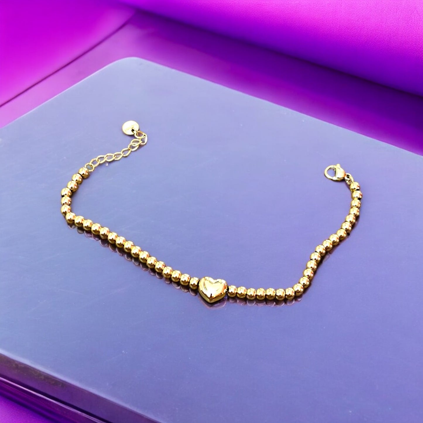 Heart Charm Bead Bracelet(22K Gold Plated)